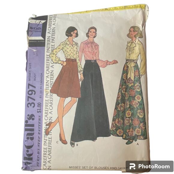 McCalls 3797 Top Skirt Pattern Miss 10 Long Neck Bow Date Evening 70s Midi - Picture 2 of 5